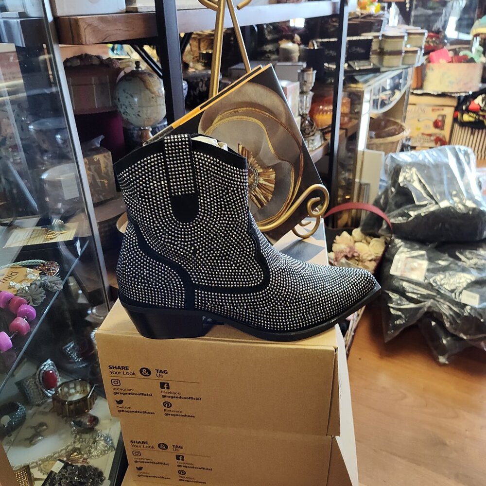 RAG COMPANY COSTELLO RINETSTONE EMBELLISHED COWBOY BOOTS BLACK - Picture 2 of 5